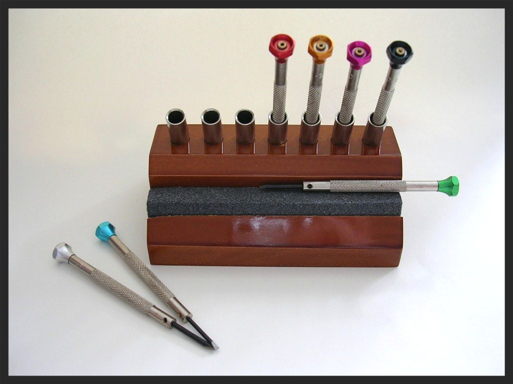 Oak Screwdriver stand 7pc set with Sharpener Swiss watchmakers tool IW